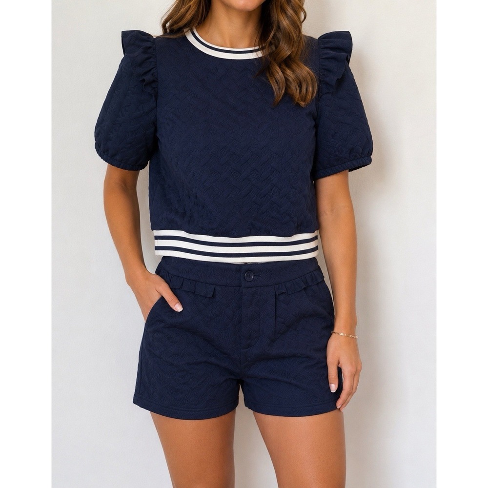 VOY Women's Navy 2-Piece Knit Set Puff Sleeve Top & Shorts S Quilted Ruffle
